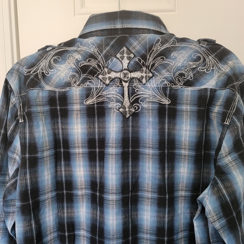 Supply Company USA Blue Plaid Affliction Style Black Pearl Snap Shirt Size L - Picture 6 of 12